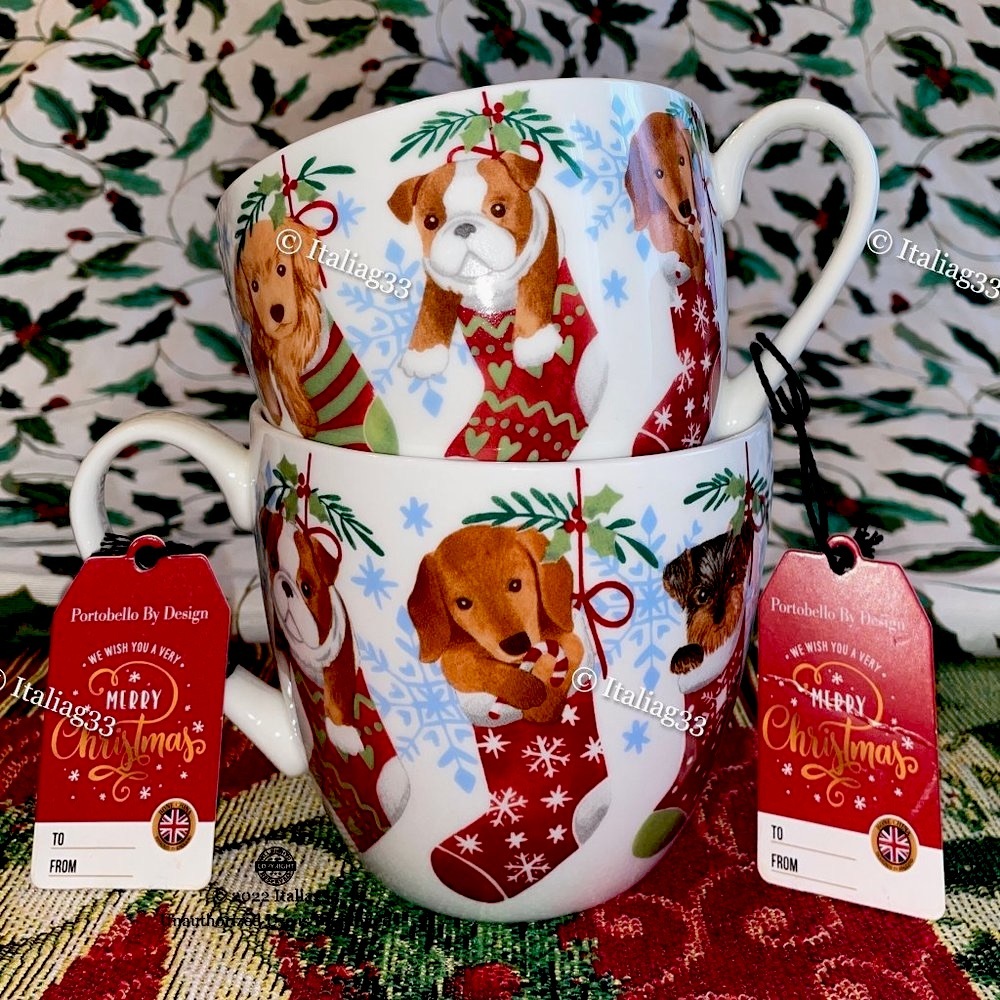 Portobello By Design Cup Mugs Dogs in Stockings Holiday Warm Wishes Bone China
